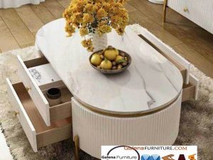 Meja Tamu Marmer Bentuk Oval Model Laci Kaki Stainless Gold