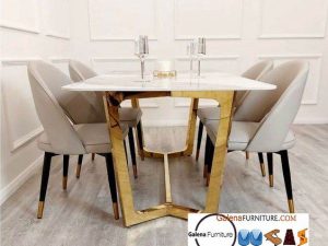 Meja Makan Marmer Minimalis 4 Kursi Kaki Stainless Gold Mewah