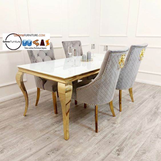 Meja Makan Marmer Putih 4 Kursi Kaki Stainless Gold Desain Klasik