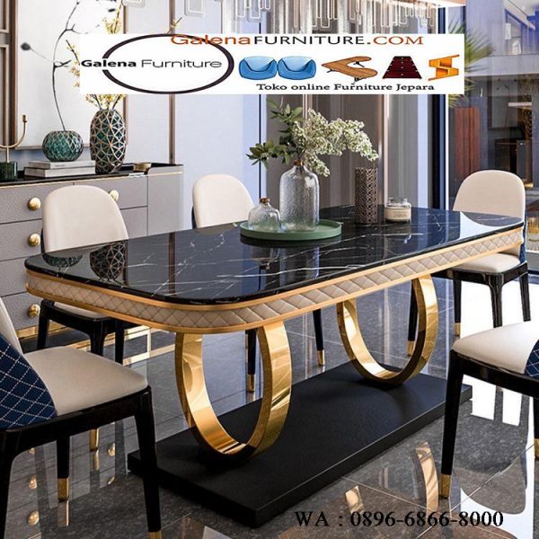 Jual Meja Makan Marmer Hitam Kaki Stainless Gold Glossy Bagus