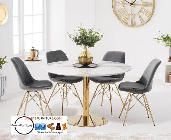 Meja Makan Marmer Bundar Minimalis Stainless Gold Glossy