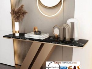 Meja Konsul Top Marmer Modern Desain Kaki Stainless Gold Kekinian