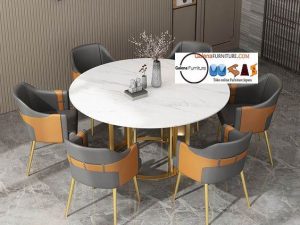 Meja Makan Bulat Top Marmer Stainless Stell Gold Modern Termanis