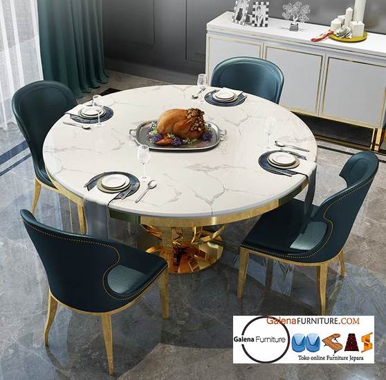 Meja Makan Bulat Top Marmer Stainless Stell Gold Modern Termanis