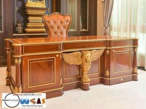 Meja Kantor Kerja Direktur Kayu Jati Desain Ukiran Burung Minimalis