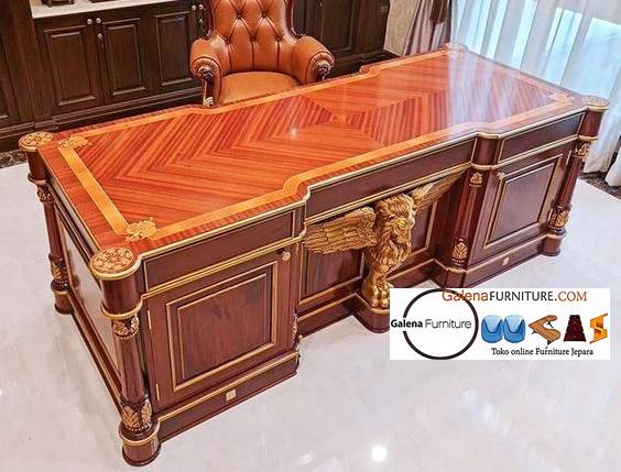  Meja Kantor Kerja Direktur Kayu Jati Desain Ukiran Burung Minimalis